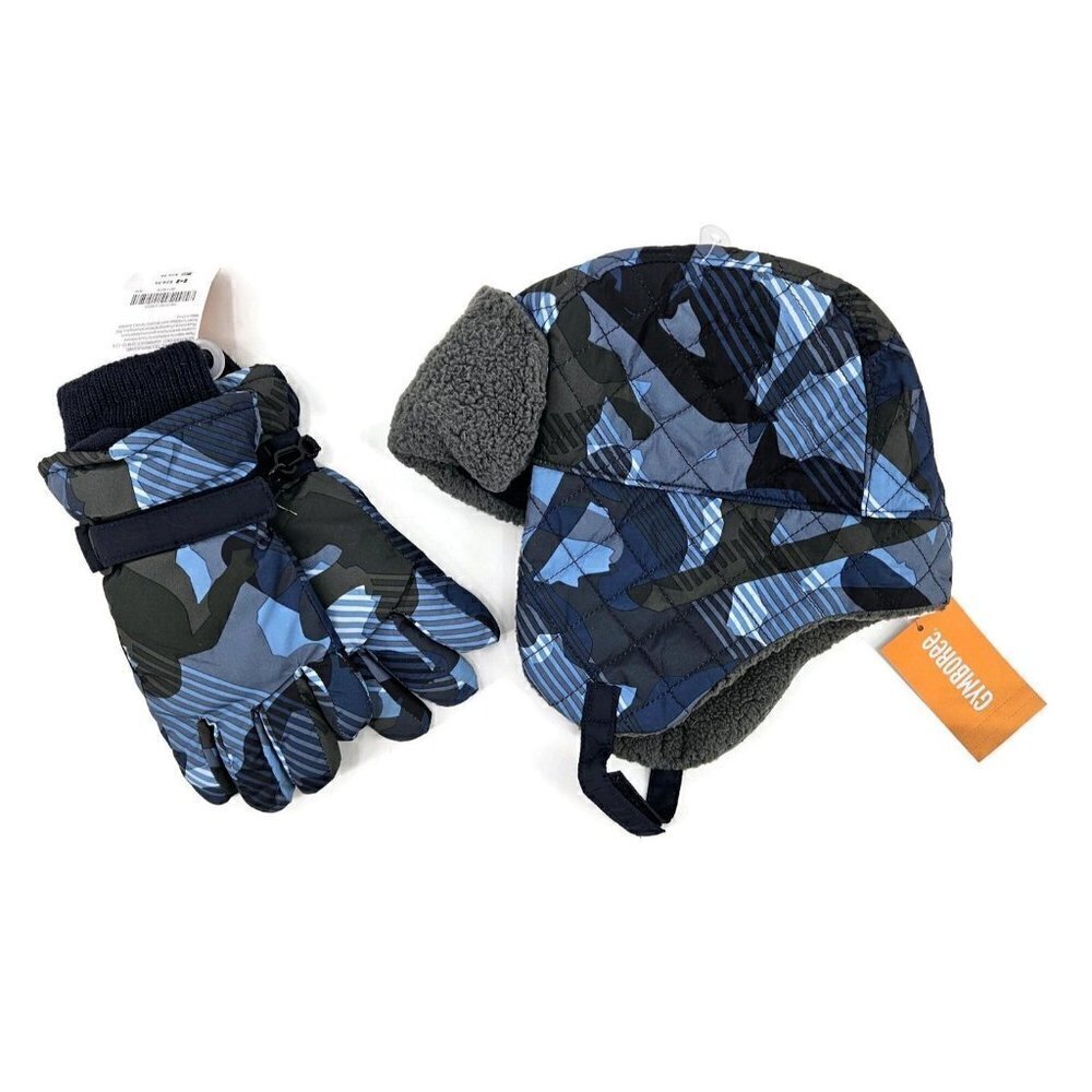 New Gymboree Boys Small Winter Hat and Gloves Blue Camo